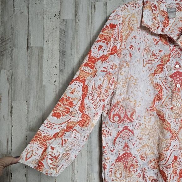 Chico's Size 3 100% Linen Top Plus 16 18 Roll Tab Sleeves - Picture 4 of 10